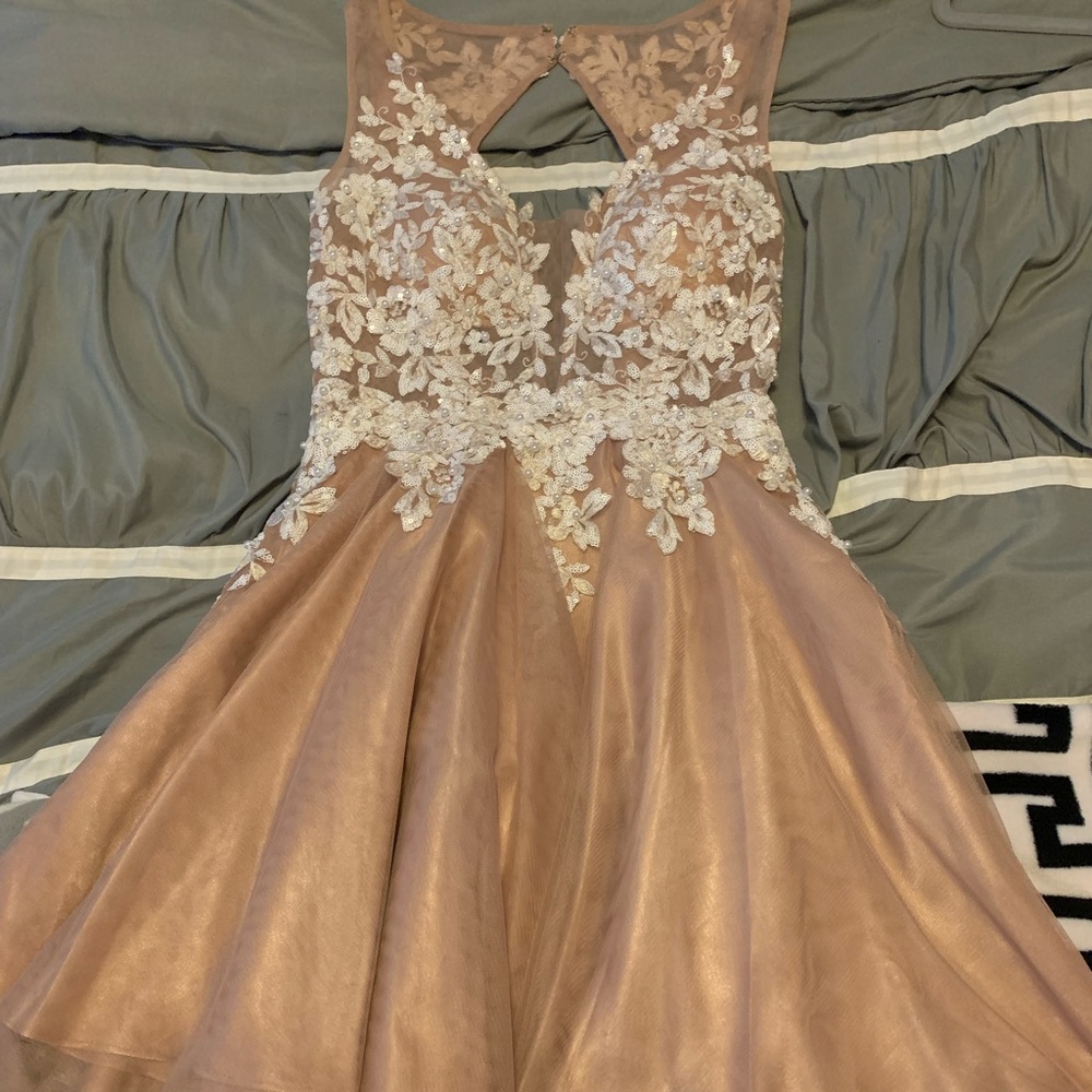 Prom Girl Short Nude Lace & Pearl Homecoming Dress
